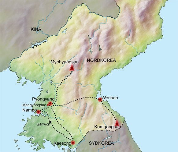 Karta över rundresa i Nordkorea